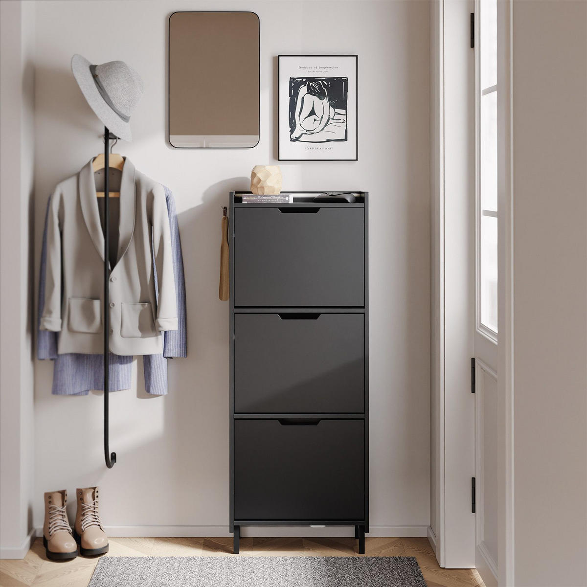 SCHUHSCHRANK mit 3 Klappen und Sensorlicht Schwarz 50x19x131cm - Schwarz, Holzwerkstoff (19/131/50cm) - SoBuy