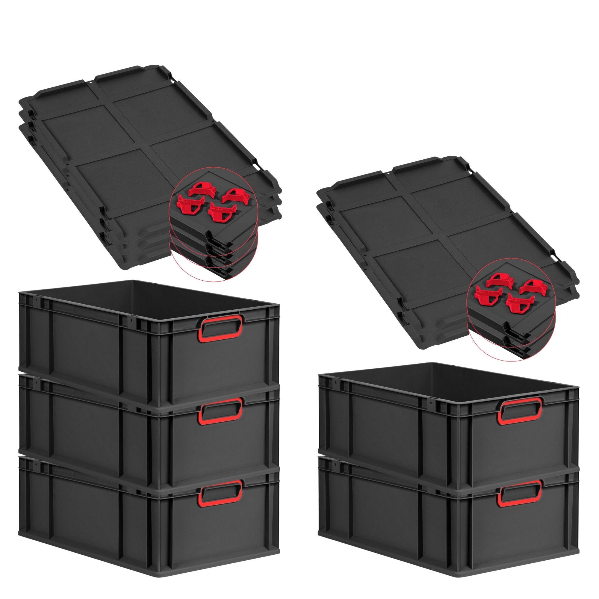 EUROBOX 5x NextGen Color mit Auflagedeckel 22x40x60 cm 44 Liter Schwarz Griffe rot zu - Rot/Schwarz, Kunststoff (40/22/60cm) - PROREGAL