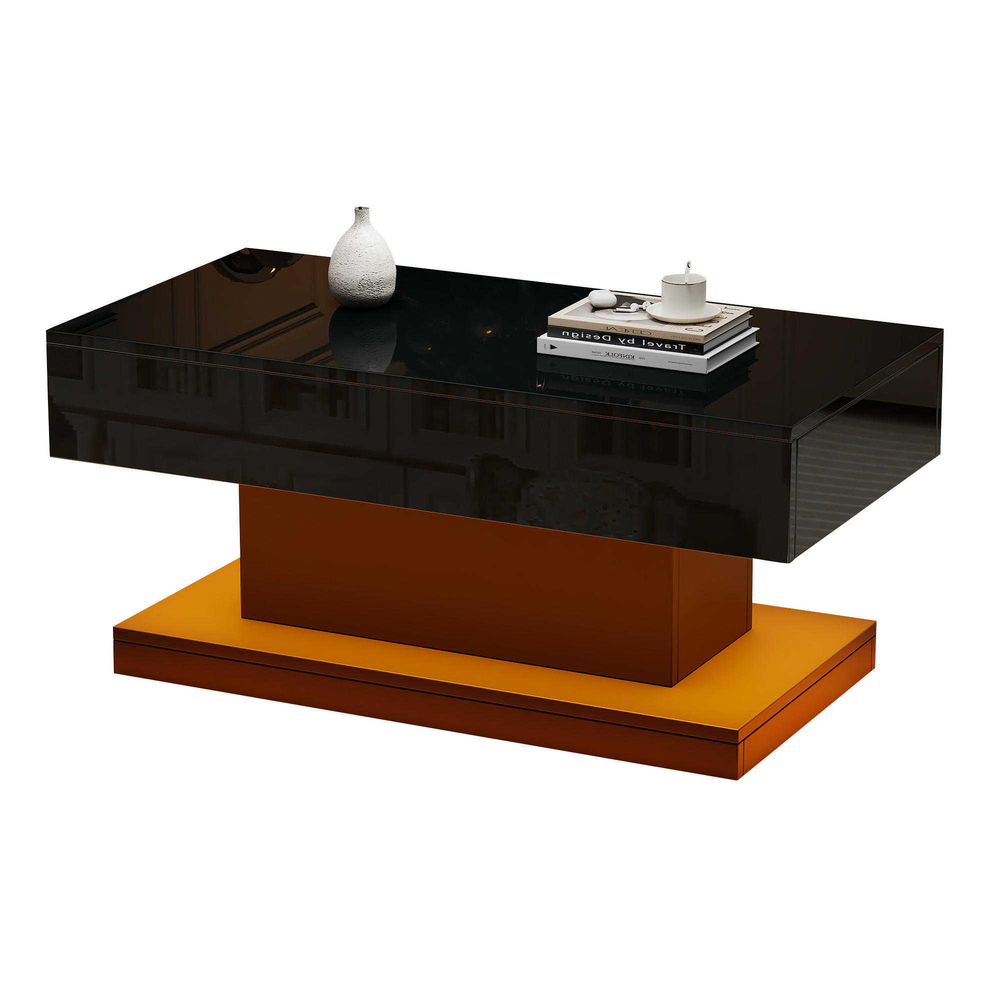HOCHGLANZ-COUCHTISCH, 2 Schubladen, I‑Form mit LED-App‑Steuerung, 100/50/45 cm, schwarz - Schwarz, Holzwerkstoff (100/50/45cm) - Redom
