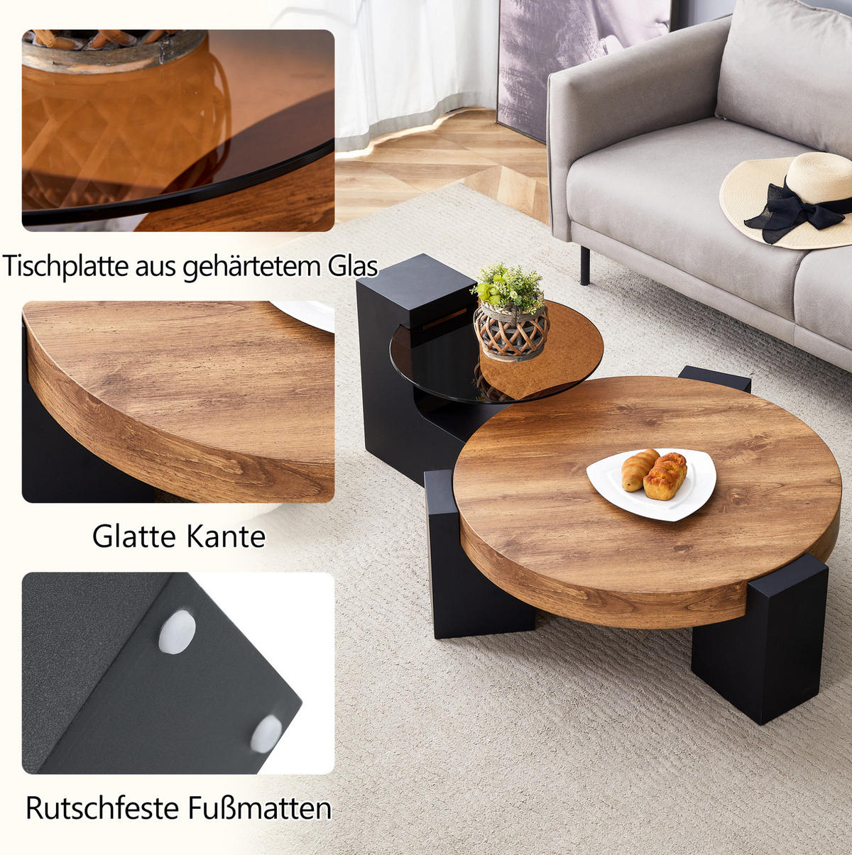 KONFERENČNÍ stolek 61/61/30 cm s druhou úrovní a rozebíratelným designem, stabilní L-nohy, Černá/Hnědá - černá, kompozitní dřevo (61/61/30cm) - Redom