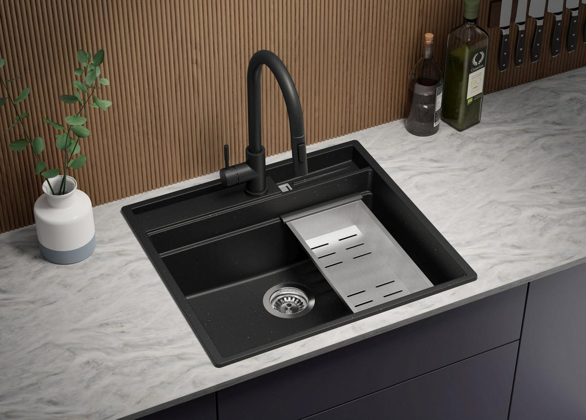 SPÜLBECKEN Oslo Pocket, 2-er set Schwarz Metallic 58/53 cm 1 Becken + Ablauf-Set + Küchenzubehörset ab 60er Unterschrank - Chromfarben/Schwarz Hochglanz, Kunststoff (58/20/53cm) - Primagran