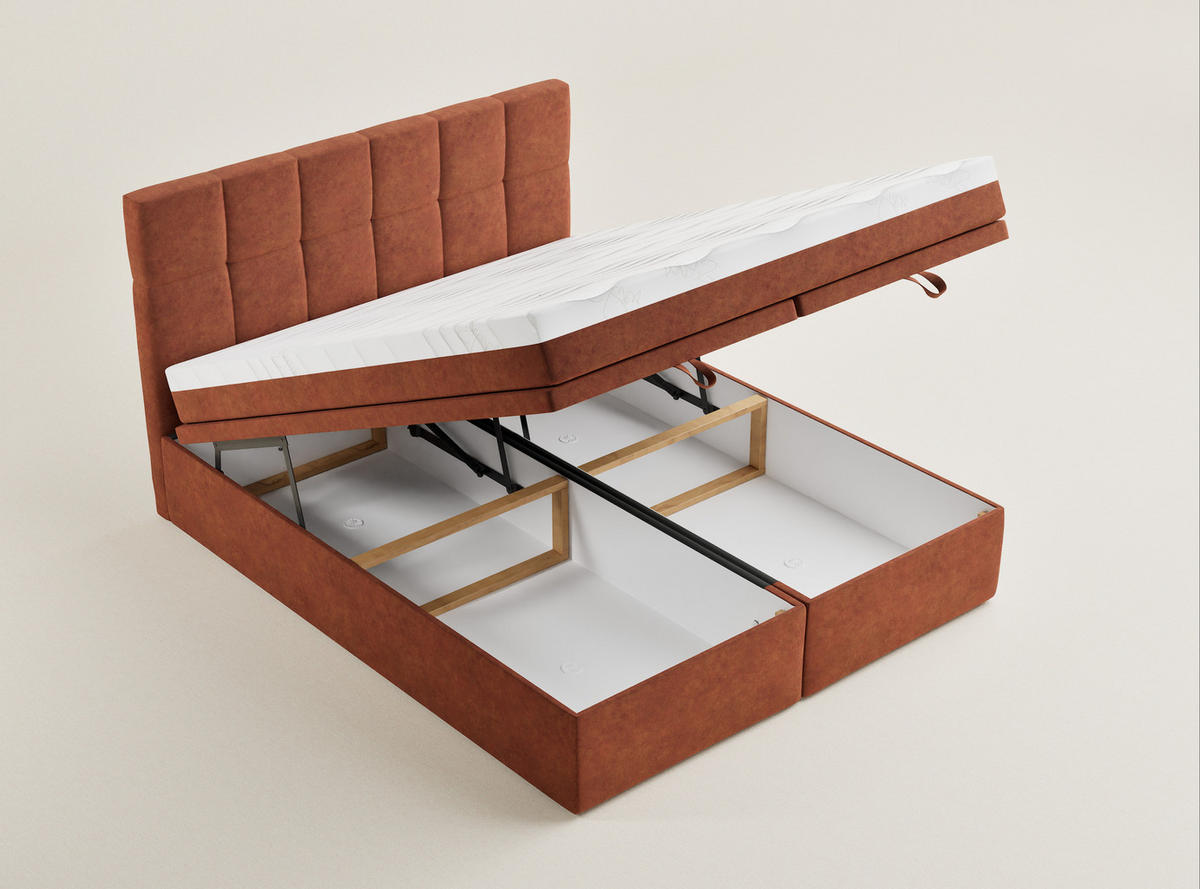 BOXBETT 140/200 cm Gotu M, in Kupferfarbe, Matratze, gepolstertes Kopfteil, Bettkasten, H3 = fest - Schwarz/Kupferfarben, Holz/Holzwerkstoff (140/200cm) - Maison de Reve