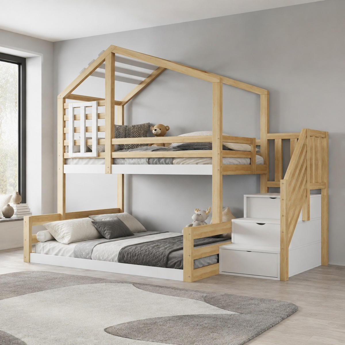 ETAGENBETT 90/200+140/200 cm mit Hausform, Stauraumtreppe und Geländer in Natur - Naturfarben, Holz/Holzwerkstoff (90/200cm) - EVRYAE