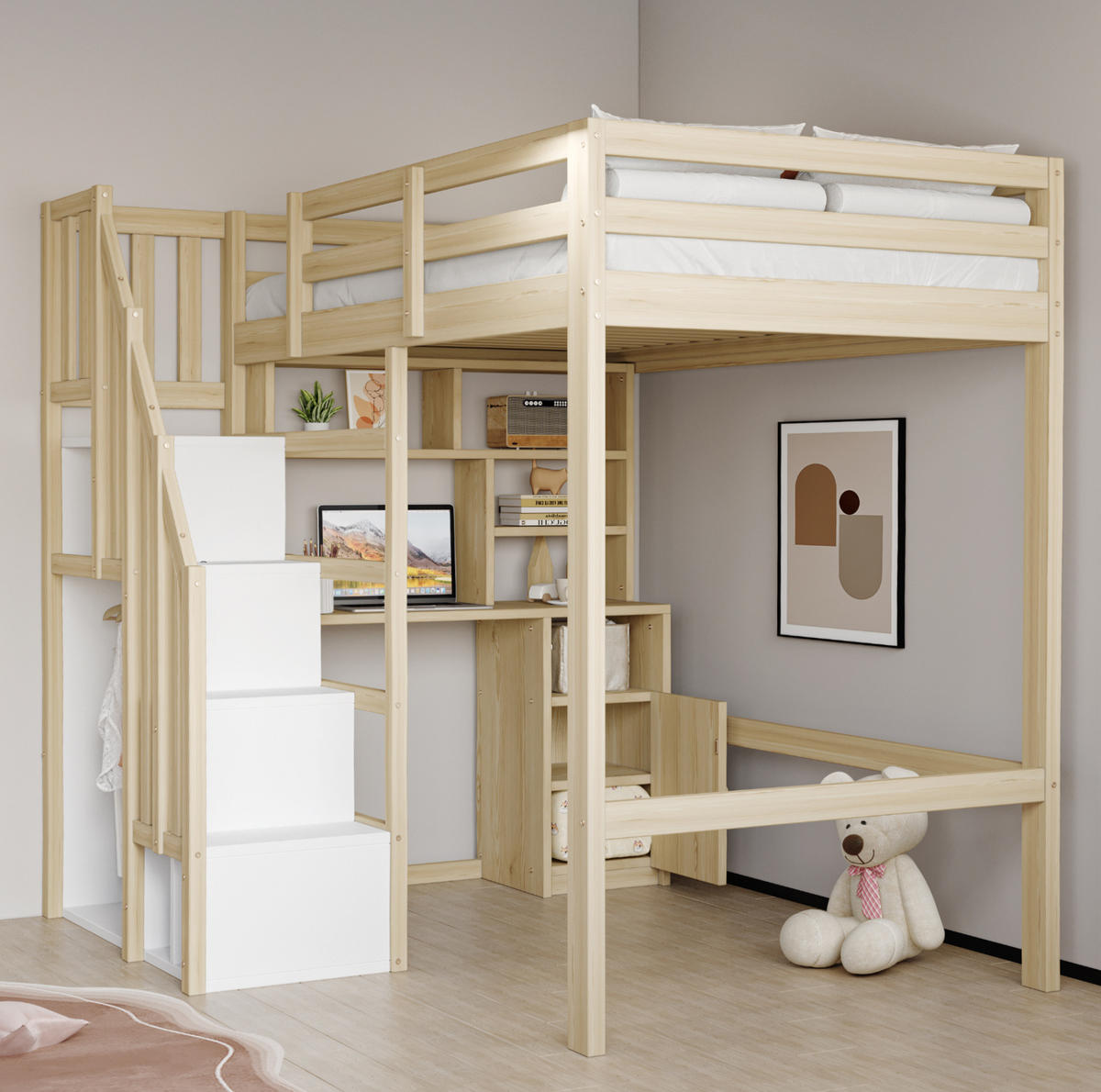 HOCHBETT 90/200 cm in Naturholz – mit Schreibtisch, Stauraumtreppe und Regalen - Naturfarben, Holzwerkstoff (90/200cm) - BEAOK