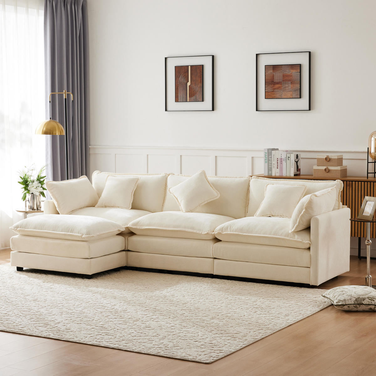 ECKSOFA 283/147/84 cm Beige aus Chenille mit Hocker - Beige, Textil (147/283cm) - OKWISH