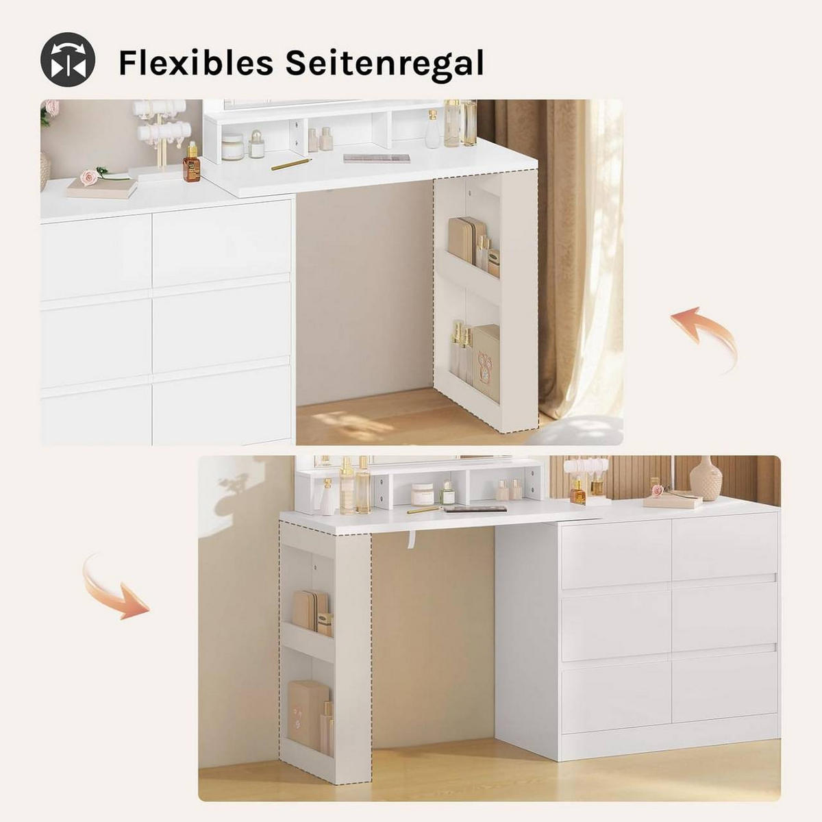 SCHMINKTISCH mit LED, Spiegel, Kommode, Weiß - Weiß, Glas/Holzwerkstoff (90/134.5/40cm) - Woltu