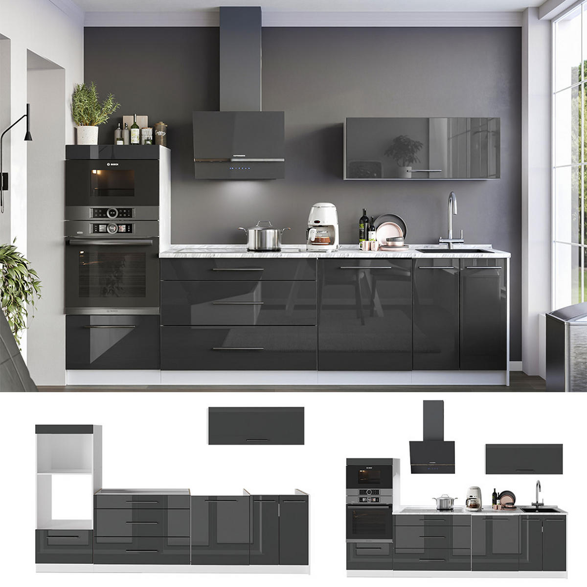 KUCHYNKA Fame-Line, Antracit vysoký lesk/biely, 280 cm, AP Marble - biela/čierna s vysokým leskom, kompozitné drevo (280/153.6/60cm) - Vicco