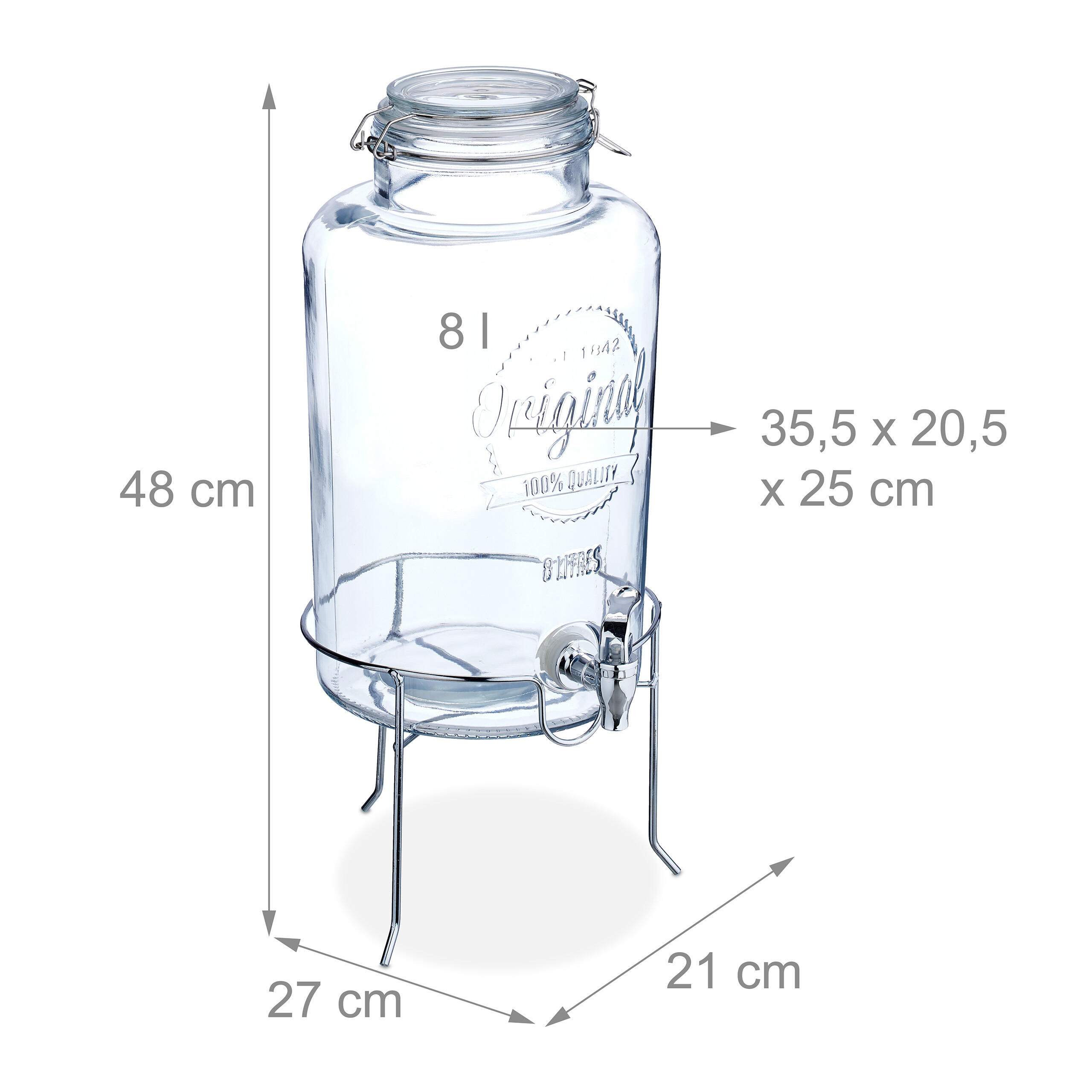 Thumbnail - Relaxdays Getränkespender, Transparent, Glas, Metall, Kunststoff, 8 L, Zapfhahn, Essen & Trinken, Barausstattung