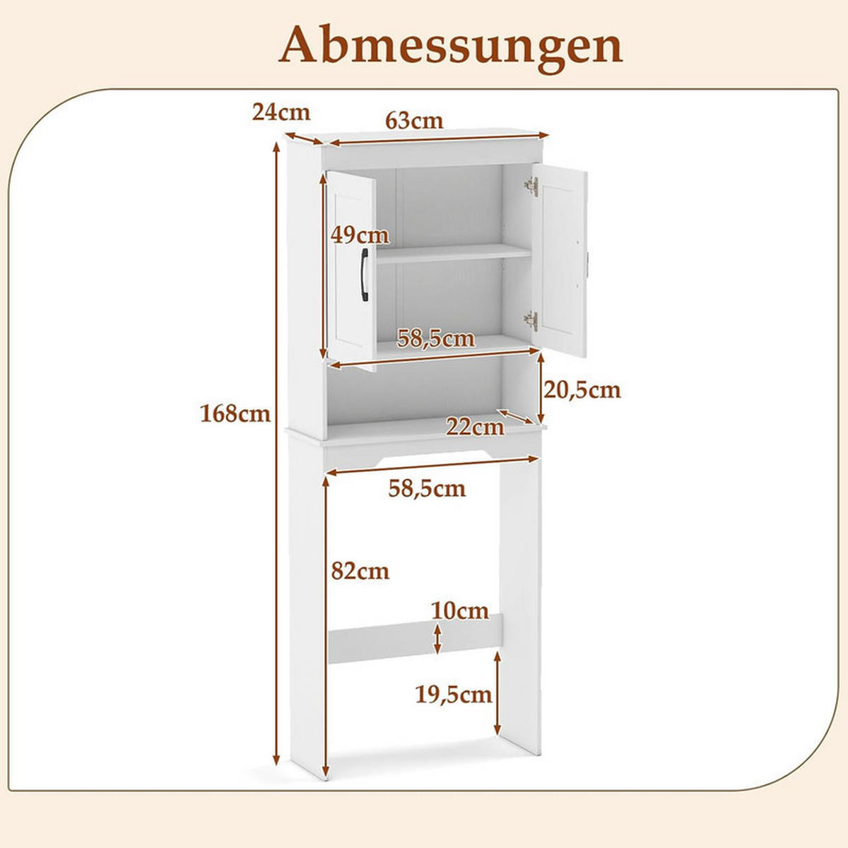 TOILETTENÜBERREGAL mit 2 Türen weiß - Weiß, Holzwerkstoff (63/168/24cm) - COSTWAY