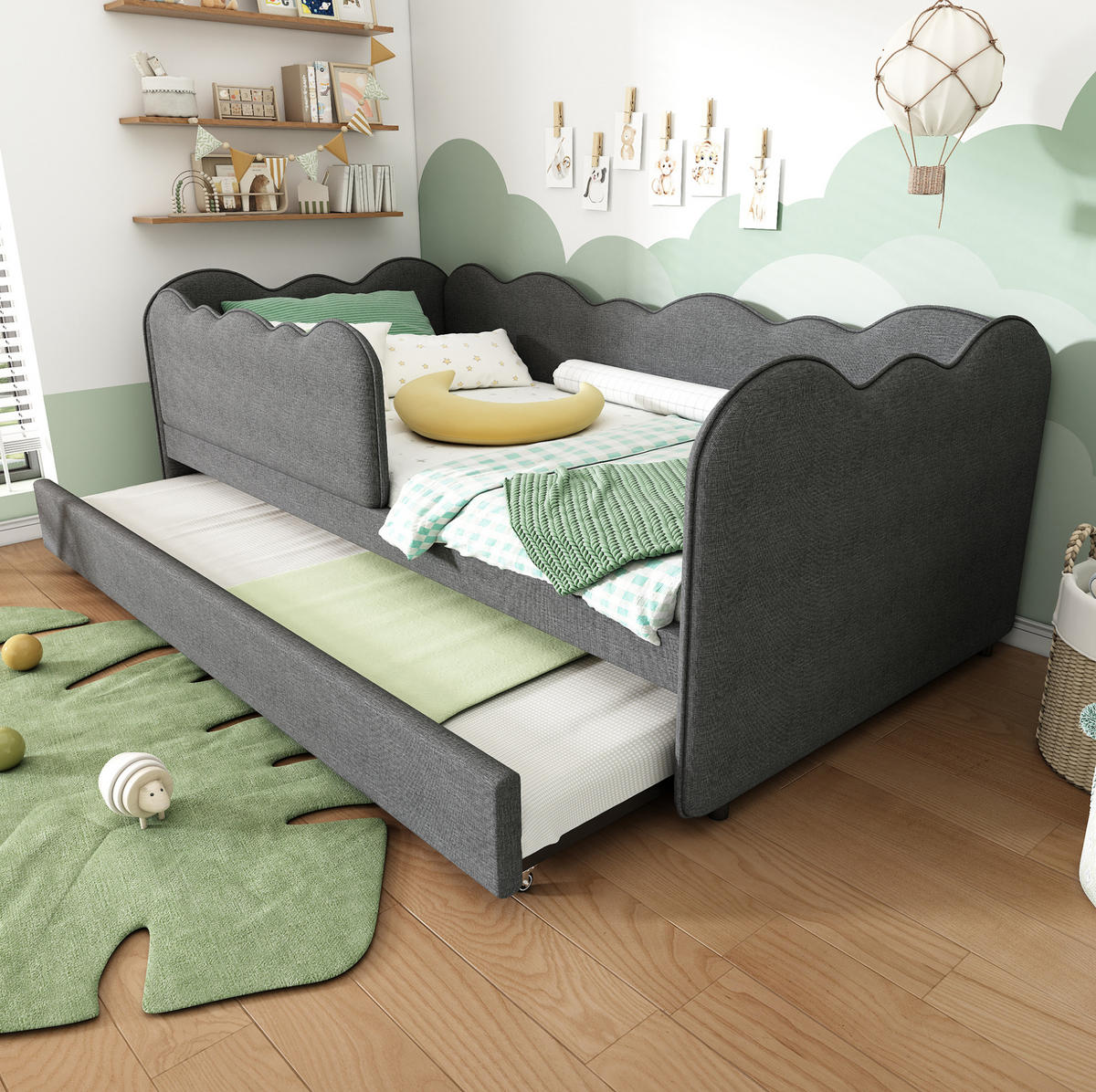 KINDERBETT Polsterbett 90/190 cm aus Leinen mit Ausziehbett Grau - Grau, Textil (90/190cm) - Modenvie