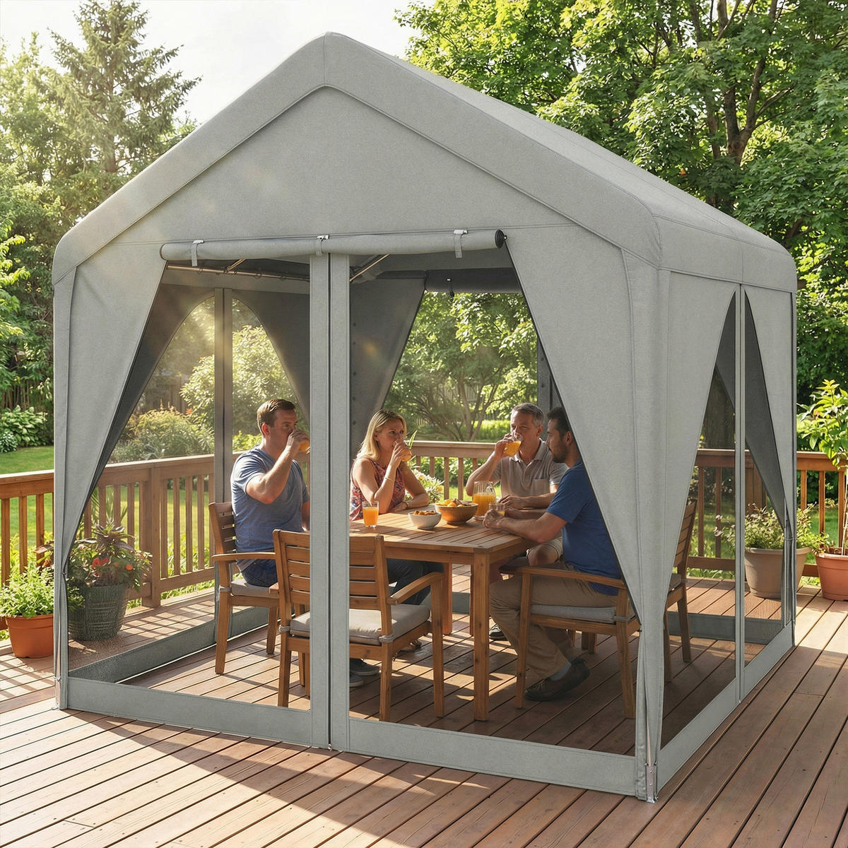 PAVILLON DE-12710 300/300 cm Doppeldach mit Vorhängen und Moskitonetzen Grau - Grau, Metall (295/278/300cm) - ComfortXL