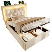 POLSTERBETT 90/200 cm Beige aus Samt mit Bettkasten, LED und USB- und Type-C-Anschlüssen - Beige, Textil (90/200cm) - Flora Grace
