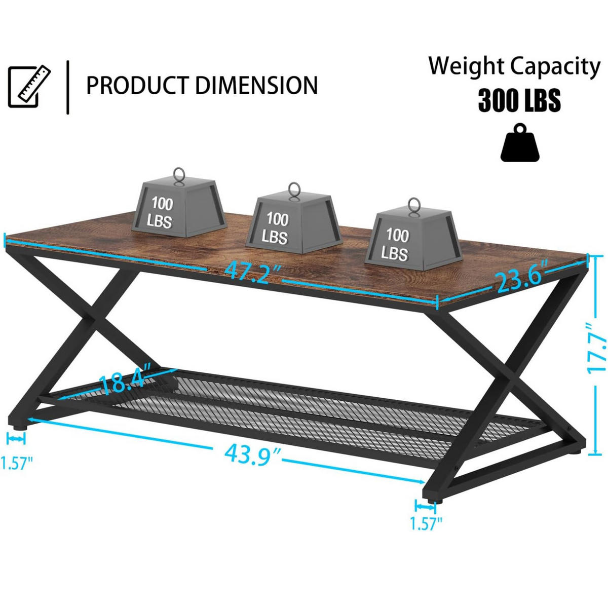 COUCHTISCH Holz Metall Industrial mit Ablage 120 x 60 x 45 cm - Wildeiche, Holzwerkstoff/Metall (60/120/45cm) - Quality Elegance