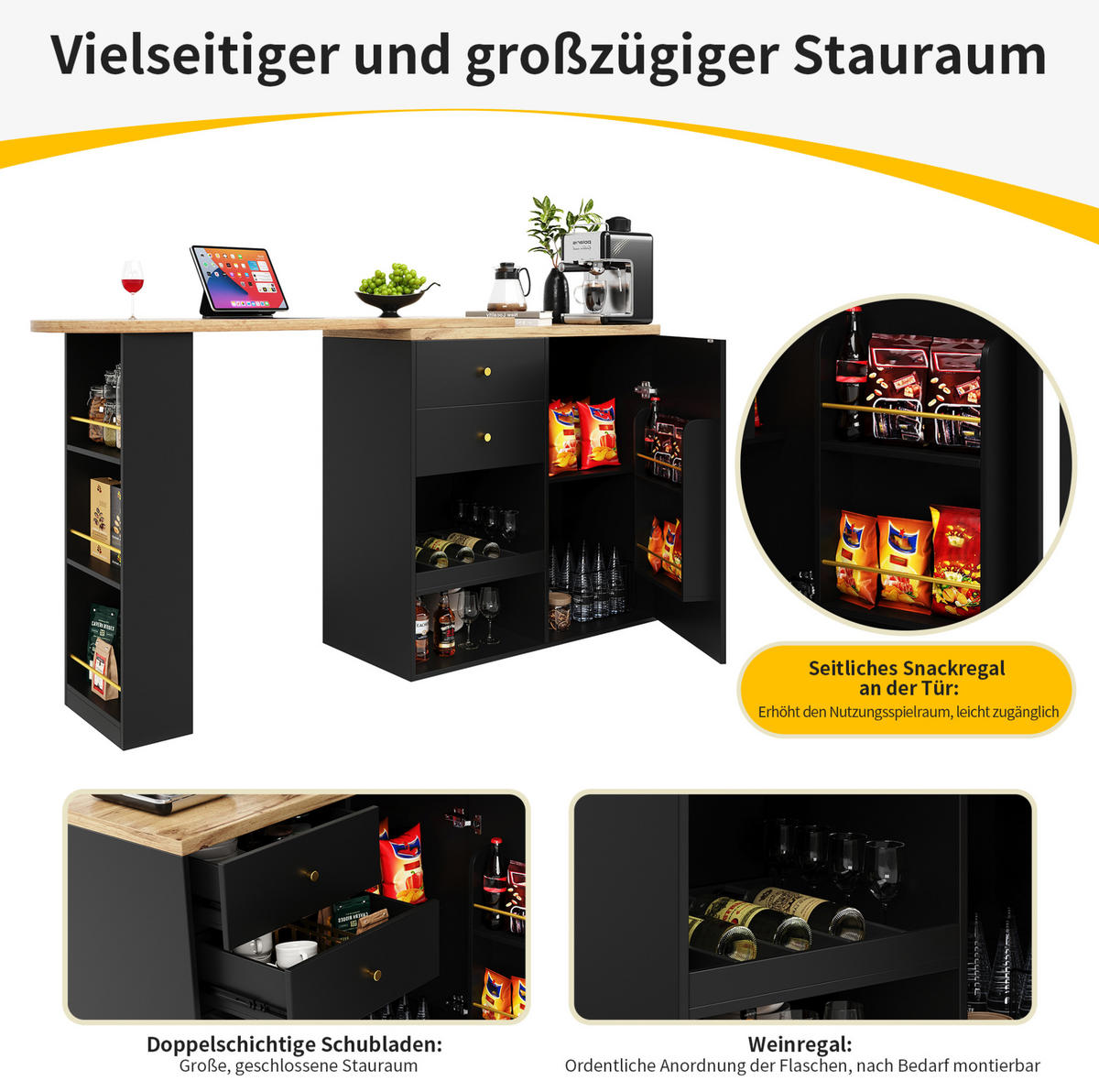 BARTISCH 138/39/104 cm in Schwarz mit drehbarem Regal und Stauraum - Schwarz, Holzwerkstoff (39/105/102cm) - BEAOK