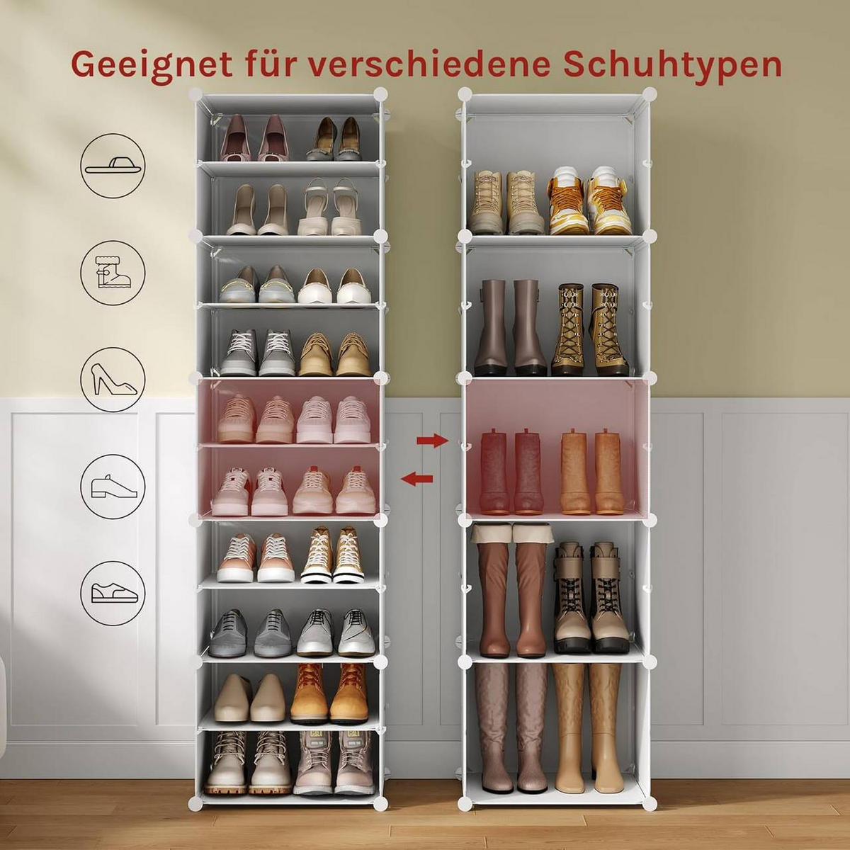 SCHUHREGAL mit 10 Fächern, Weiß - Weiß, Kunststoff/Metall (94/180/36.5cm) - Woltu