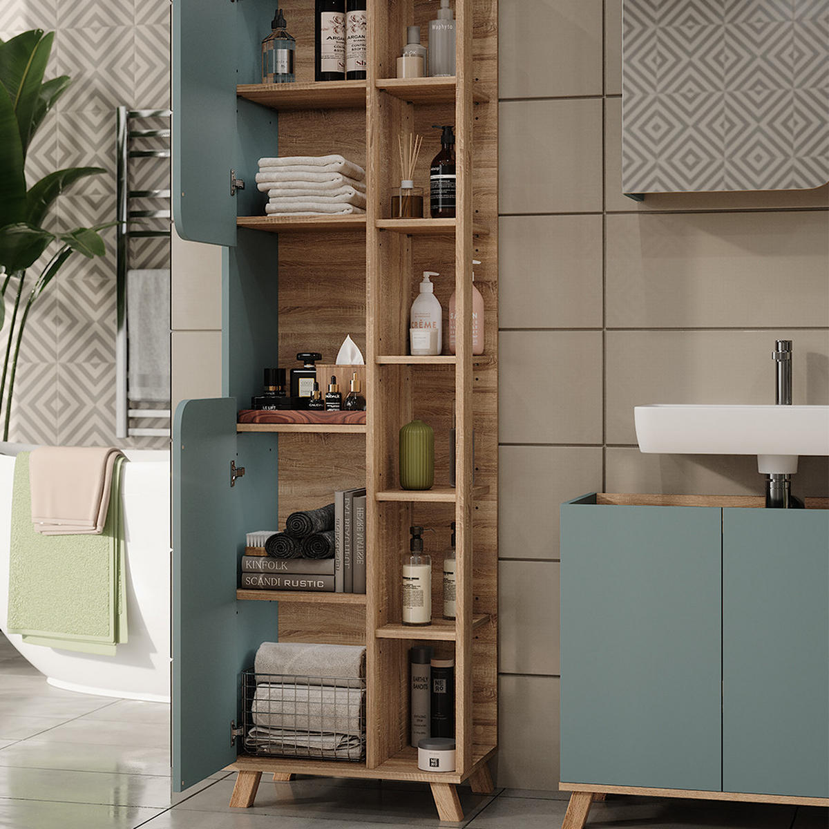BADMÖBEL-SET Karen Sonoma/Blau 4 Teile - Blau, Holzwerkstoff (80/65/35cm) - Vicco