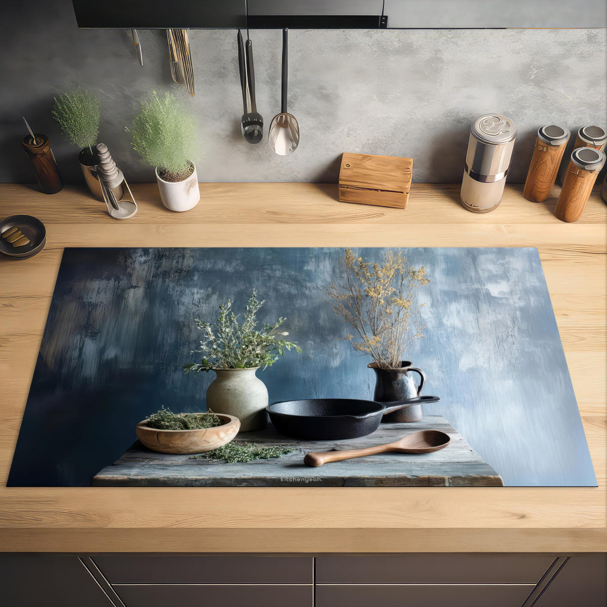 HERDABDECKPLATTE Stilleben - Kräuter - Rustikal Induktionsschutz 91.6x52.7 cm - Blaugrau, Kunststoff (91.6/52.7/0.2cm) - MuchoWow