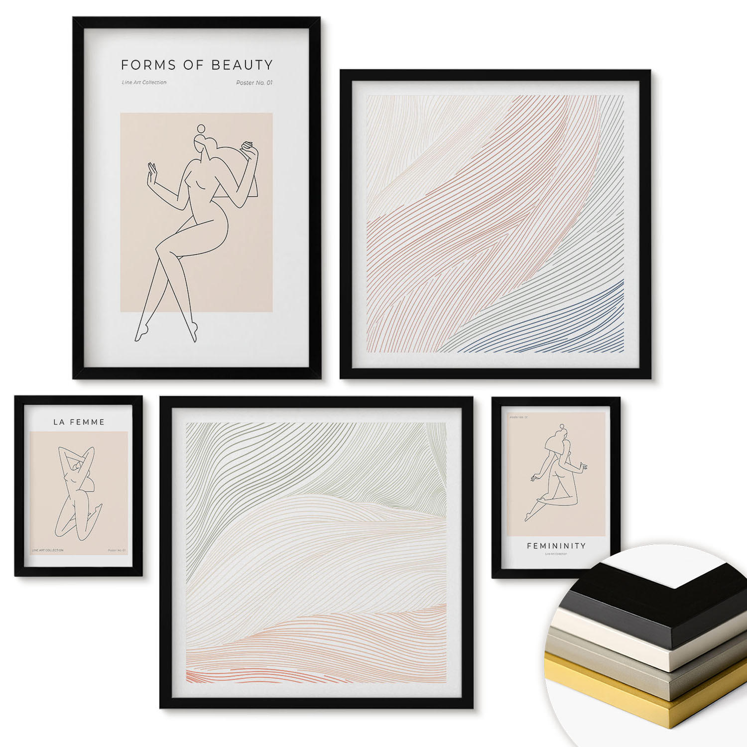 WANDBILDER 5er-Set - 50x50 cm & 20x30 cm & 40x60 cm Schwarzer Rahmen - Weibliche Silhouetten auf Plakaten - Schwarz, Kunststoff (40/60cm) - ArtPrintCave