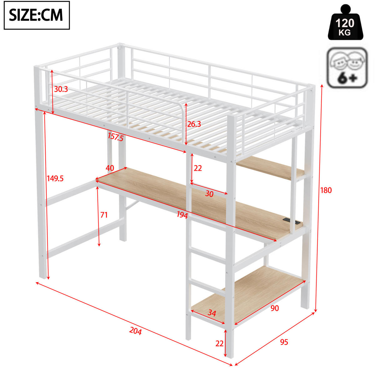 HOCHBETT aus Metall und MDF 90x200 cm Weiß mit Schreibtisch, Regal, LED-Licht und USB-Anschluss - Weiß, Metall (90/200cm) - IVMEU