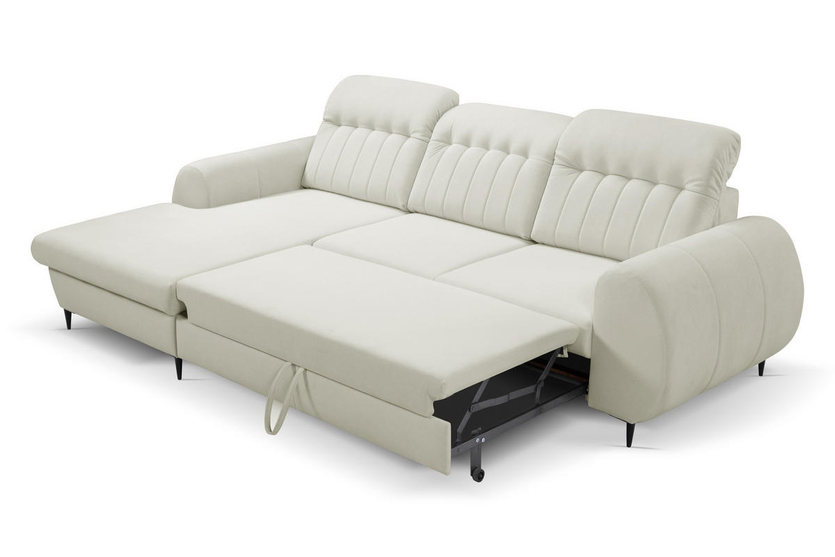 ECKSOFA PURO L-S Beige Plüsch-Stoff mit Schlaffunktion - Beige, Holz (275/166cm) - MASSENO