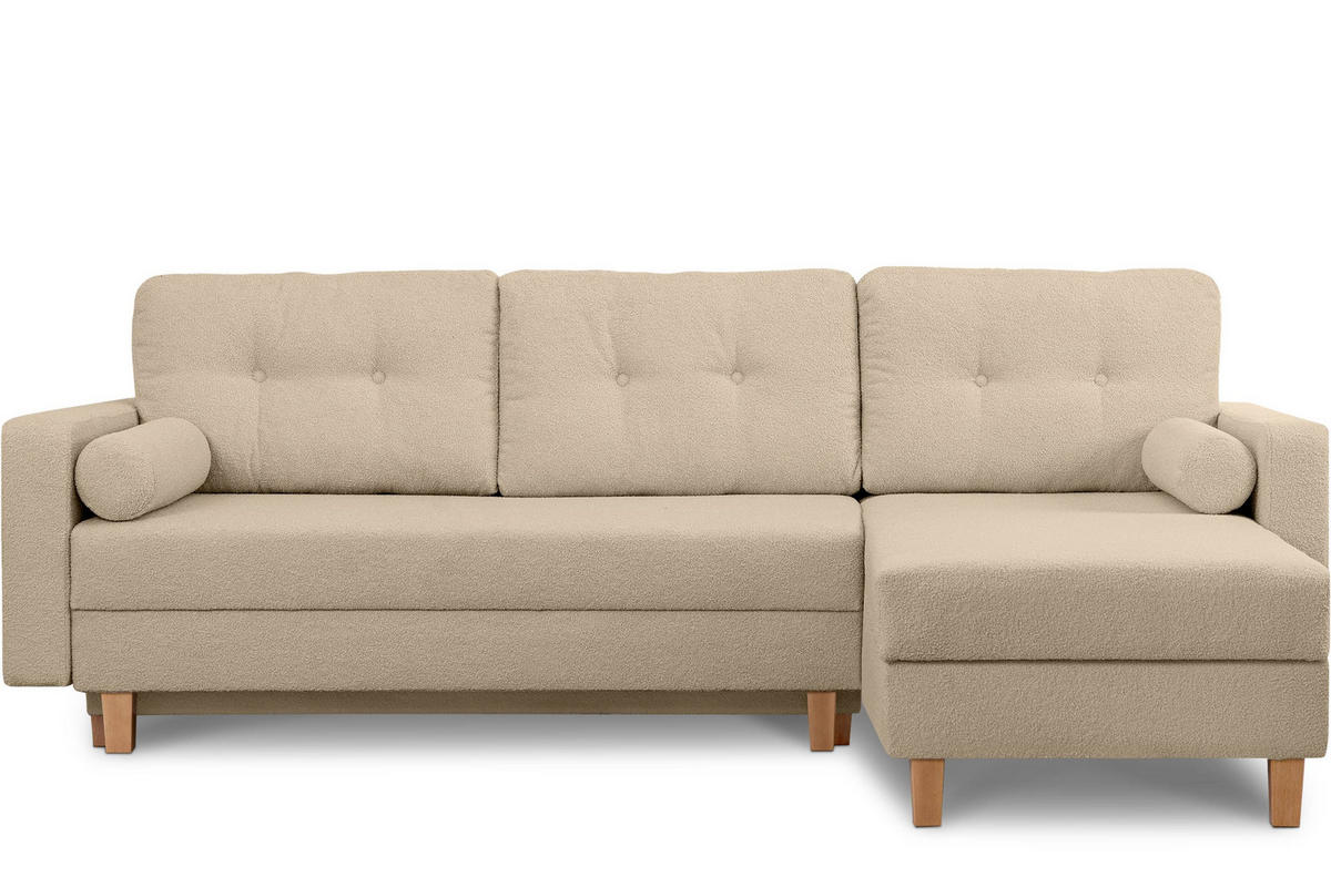 ECKSCHLAFSOFA ERISO 3/4 Sitzer und Universalecke mit Ottoman, Bouclé-Stoff, hellbeige - Beige/Creme, Textil (240/183cm) - KONSIMO®