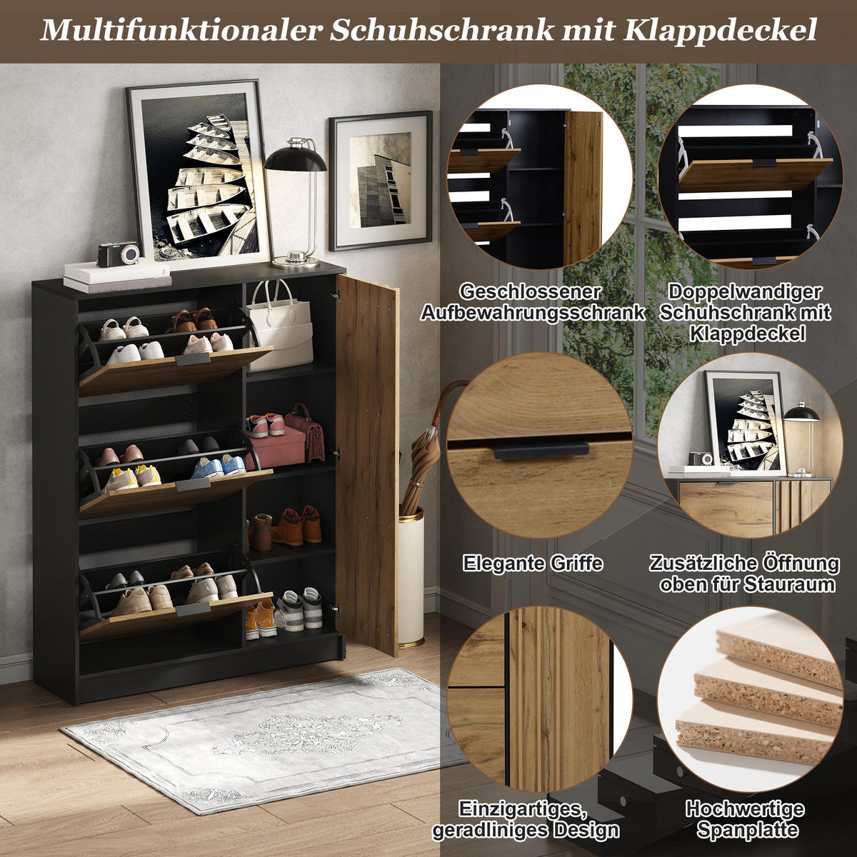 SCHUHSCHRANK Naturholzfarbe und Schwarz 100/30/130 cm - Naturfarben, Holzwerkstoff (100/130/30cm) - PANGIVO