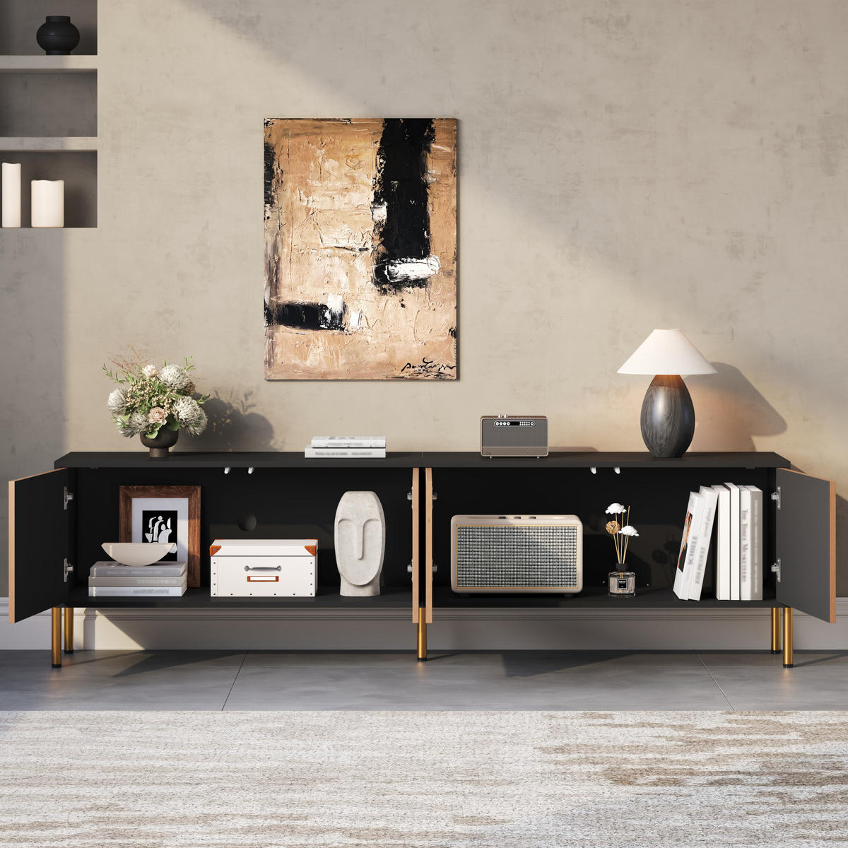 TV ormarić 179/35/53,5 cm crno-prirodni od iverice s 4 vrata i zlatnim metalnim nogama - svijetlo smeđa, drvni materijal (179/53.5/35cm) - OKWISH