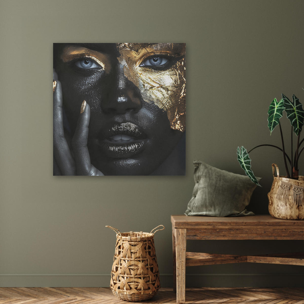 AKUSTIKBILD Frau - Gold - Porträt - Schwarz-Weiß - Luxus Akustikpaneele 80x80 cm - Hellblau, Kunststoff (80/80/0.9cm) - MuchoWow