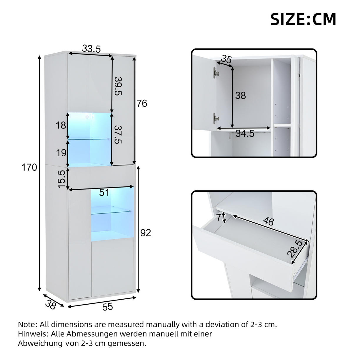 VITRINE 55/38/170 cm mit LED-Beleuchtung, Hochglanzfront, verstellbaren Einlegeböden und Glasfächern, Spanplatte, Weiß - Weiß, Holzwerkstoff (55/170/38cm) - Redom