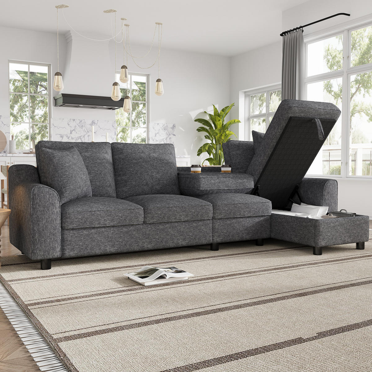 ECKSOFA 280/136/82 cm Grau mit aufklappbarem Stauraum und klappbare Rückenlehne mit Getränkehaltern - Grau, Textil (136/82/280cm) - Oxeza