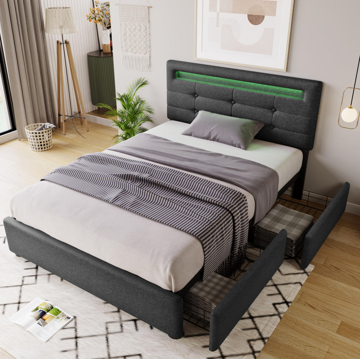 POLSTERBETT aus Leinen 90x200 cm Grau mit LED-Beleuchtung, verstellbarem Kopfteil und 2 Schubladen - Grau, Textil (90/200cm) - IVMEU