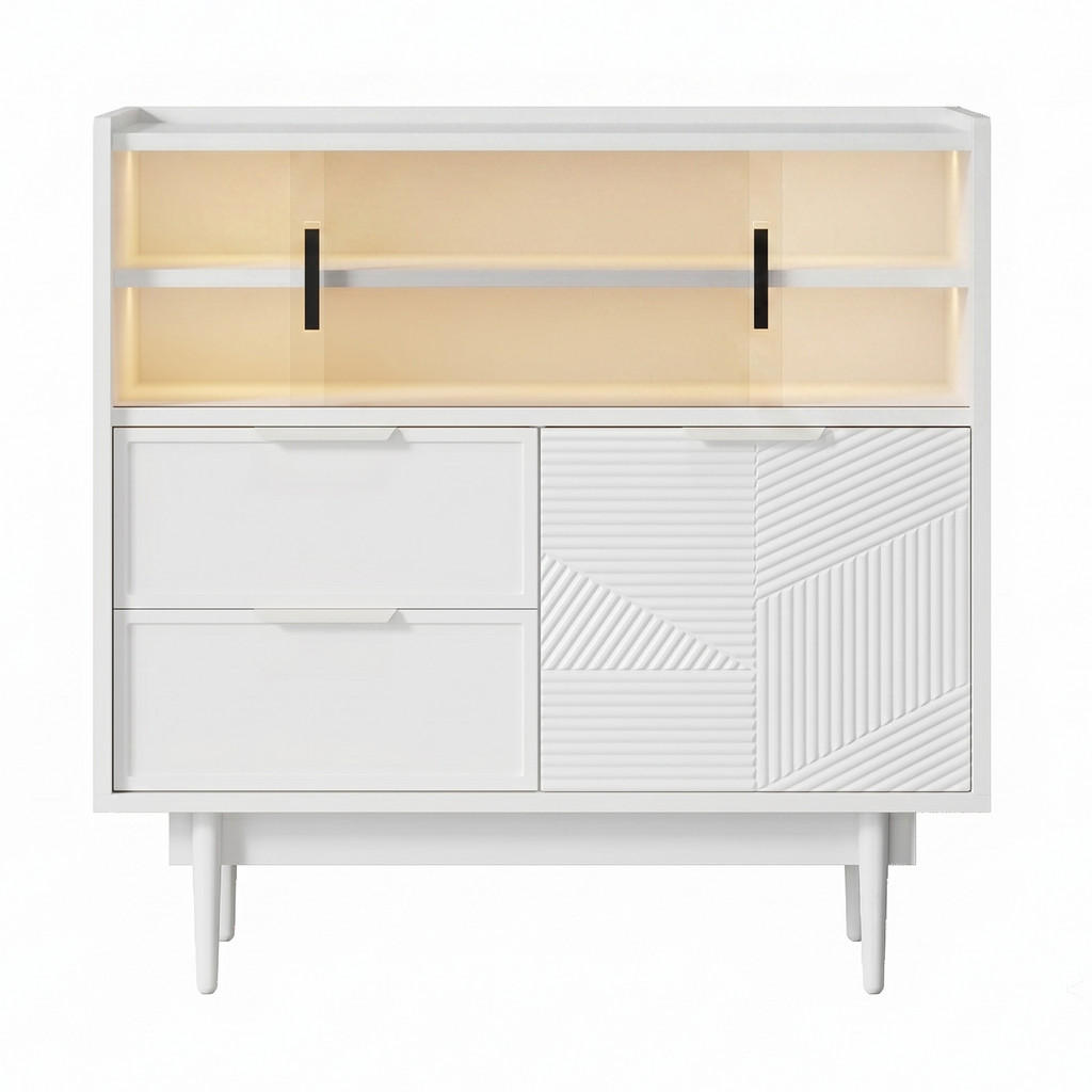 Urban Meuble SIDEBOARD bílý 80 cm se 16 barevnými LED, skleněnými posuvnými dvířky a strukturovaným čelem