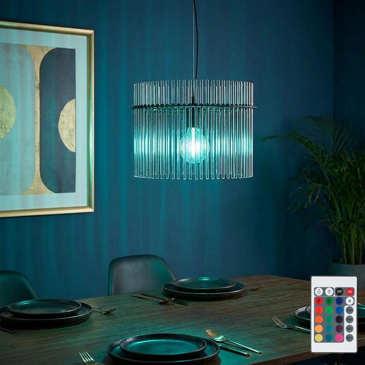 RGB LED PENDELLEUCHTE Metall Glas Schwarz, rauchfarben, dimmbar - Silberfarben, Glas (40/40/150cm) - Globo Lighting