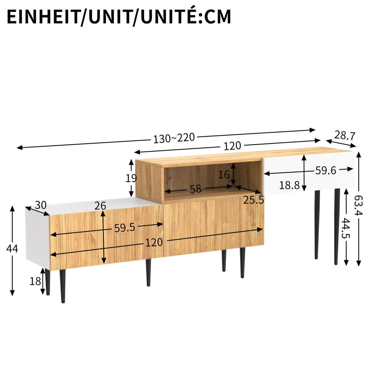 TV Lowboard verstellbar, 2-teilig, Metallfüße, Holz Weiß - Braun, Holz (220/63/28cm)