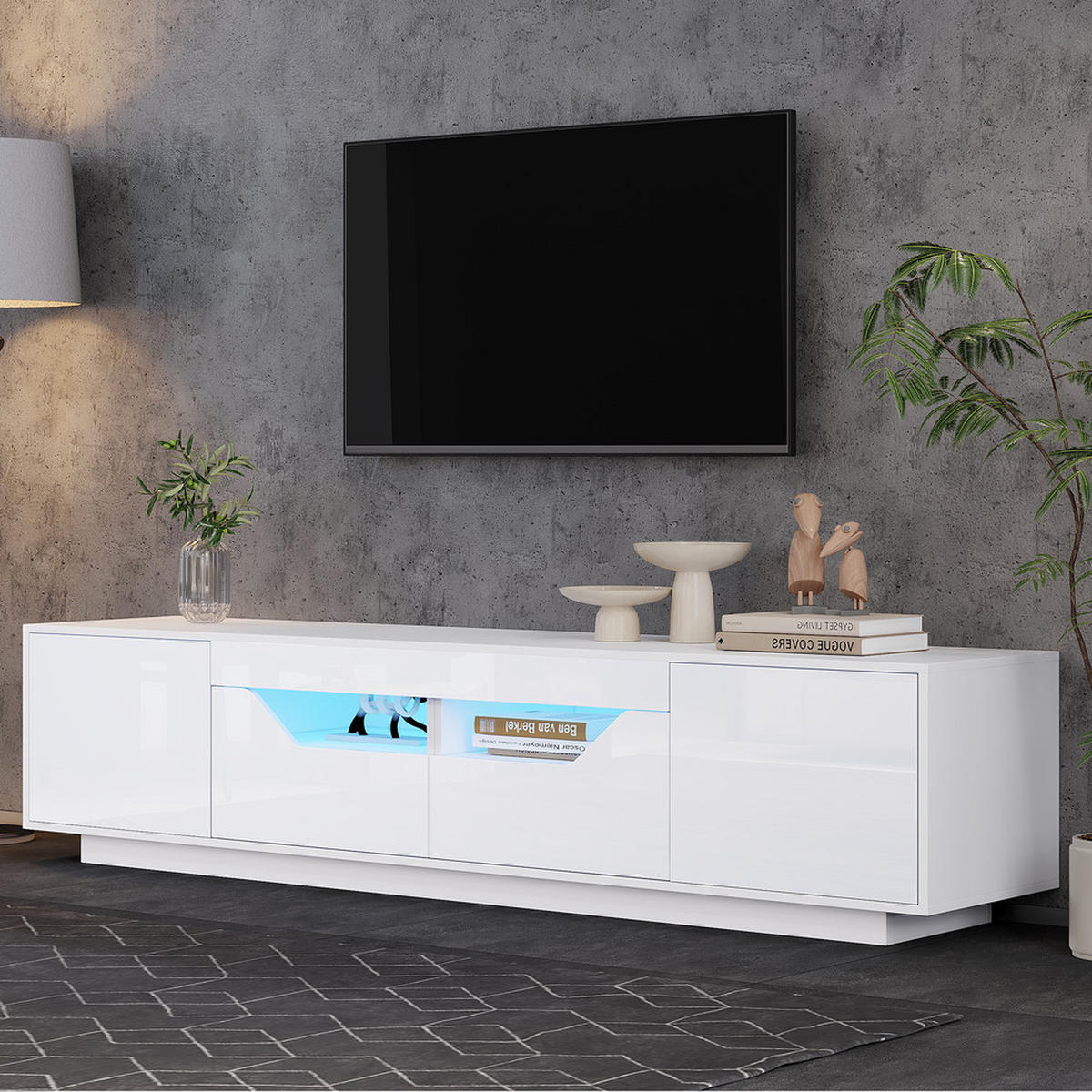 TV-SCHRANK 180x40cm Lowboard Hochglanz 2 Schubladen 2 Schränke LED Weiß - Weiß, Holz (48.79/26.19/65cm) - FLIEKS