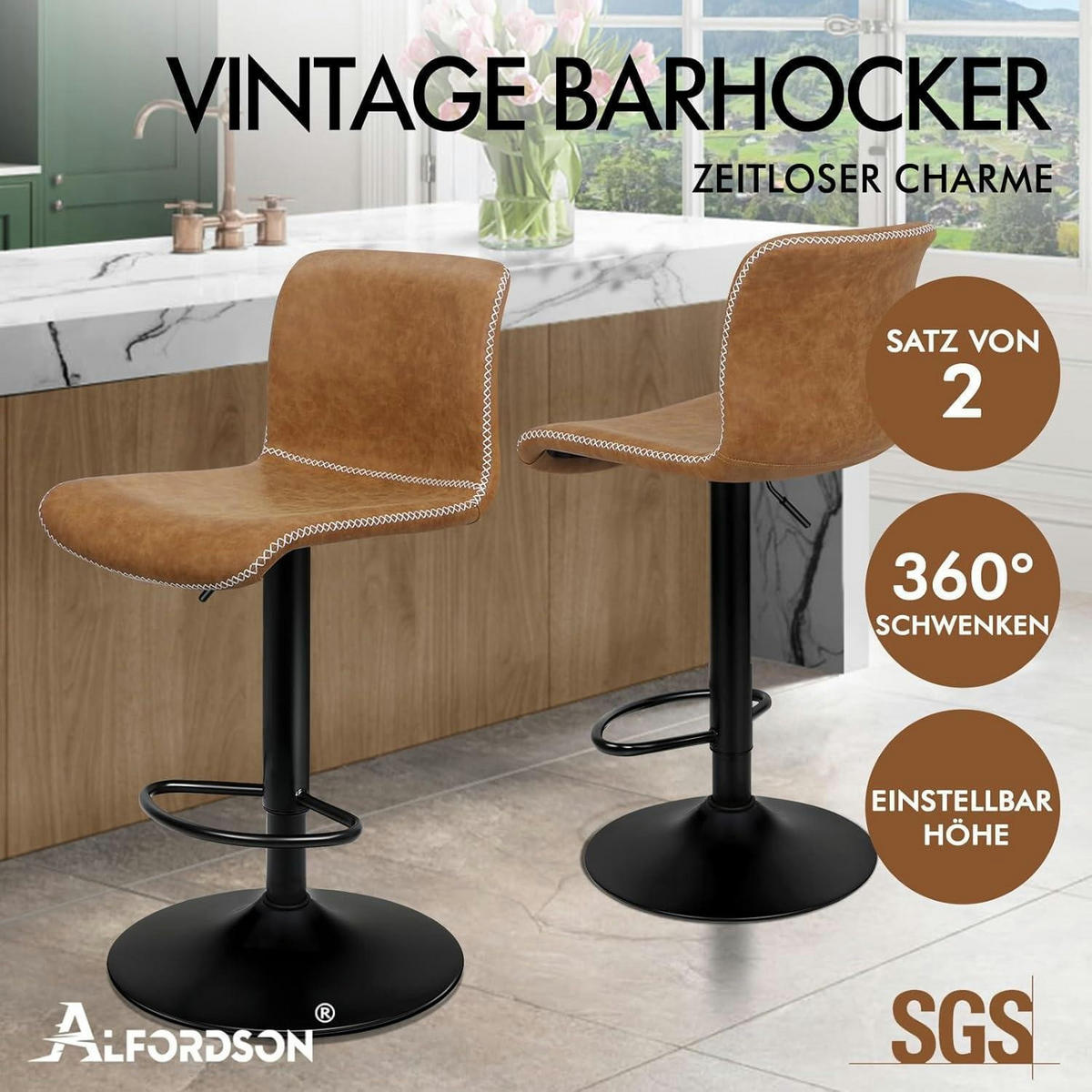 BARHOCKER 2er Set Kunstleder Braun, höhenverstellbar und 360° drehbar - Braun, Kunststoff (41.5/107/41.5cm)