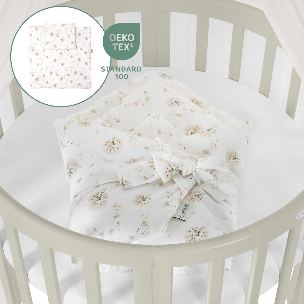 BABYBETT OLIVE OVAL 7in1 mit Matratze und Himmelset - Champagner/Olivgrün, Holz/Textil