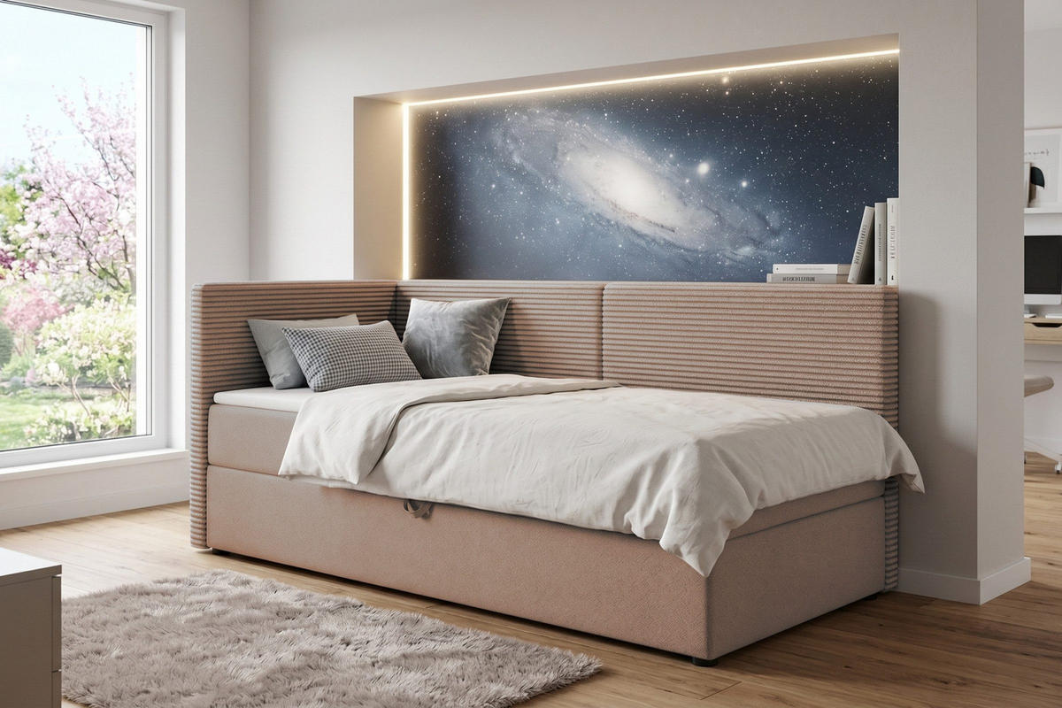 BOXBETT MILA 100/200 in Cord/Velours Beige H3 links - Beige, Holz/Holzwerkstoff (100/200cm) - Deine Möbel 24
