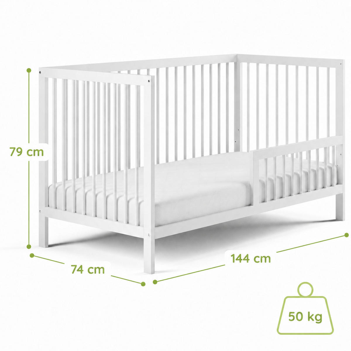 BABYPOSTIEĽKA s polovičnou bočnou zábranou 70x140 cm v bielej farbe - biela, drevo (70/140cm) - Kids Collective