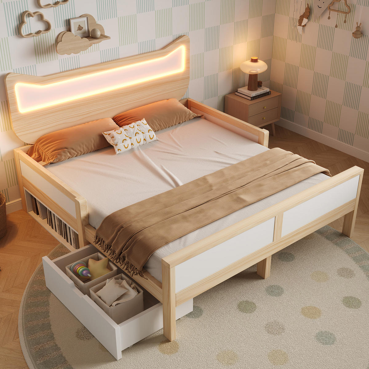 KINDERBETT 140/200 cm DE-00722, in Weiß & Eiche, LED Katzenohren und Schublade - Eichefarben, Holz (140/200cm) - ComfortXL