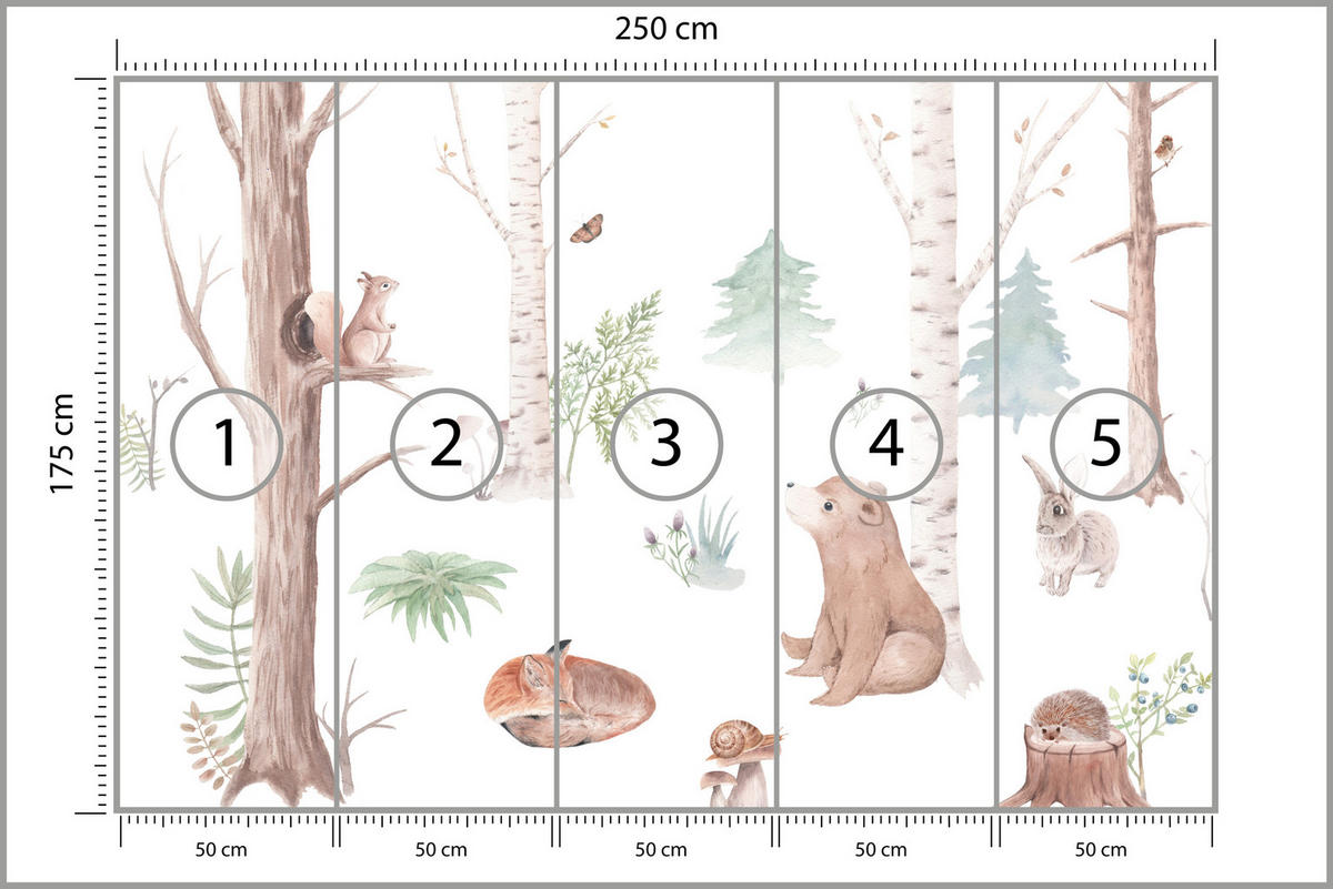 FOTOTAPETE für Kinderzimmer Wilde Waldtiere Aquarell Bäume 250x175 - Orange/Braun, Papier (250/175cm) - Muralo