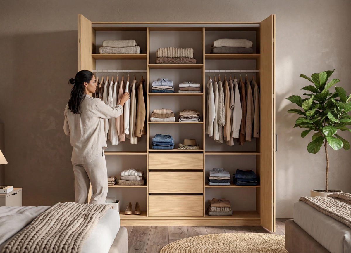 FALTTÜRENSCHRANK Omodeo 200 cm breit in Bookmatch-Eiche – mit WingLine-Falttüren - Eichefarben, Holzwerkstoff (200/240/58cm) - AX Living