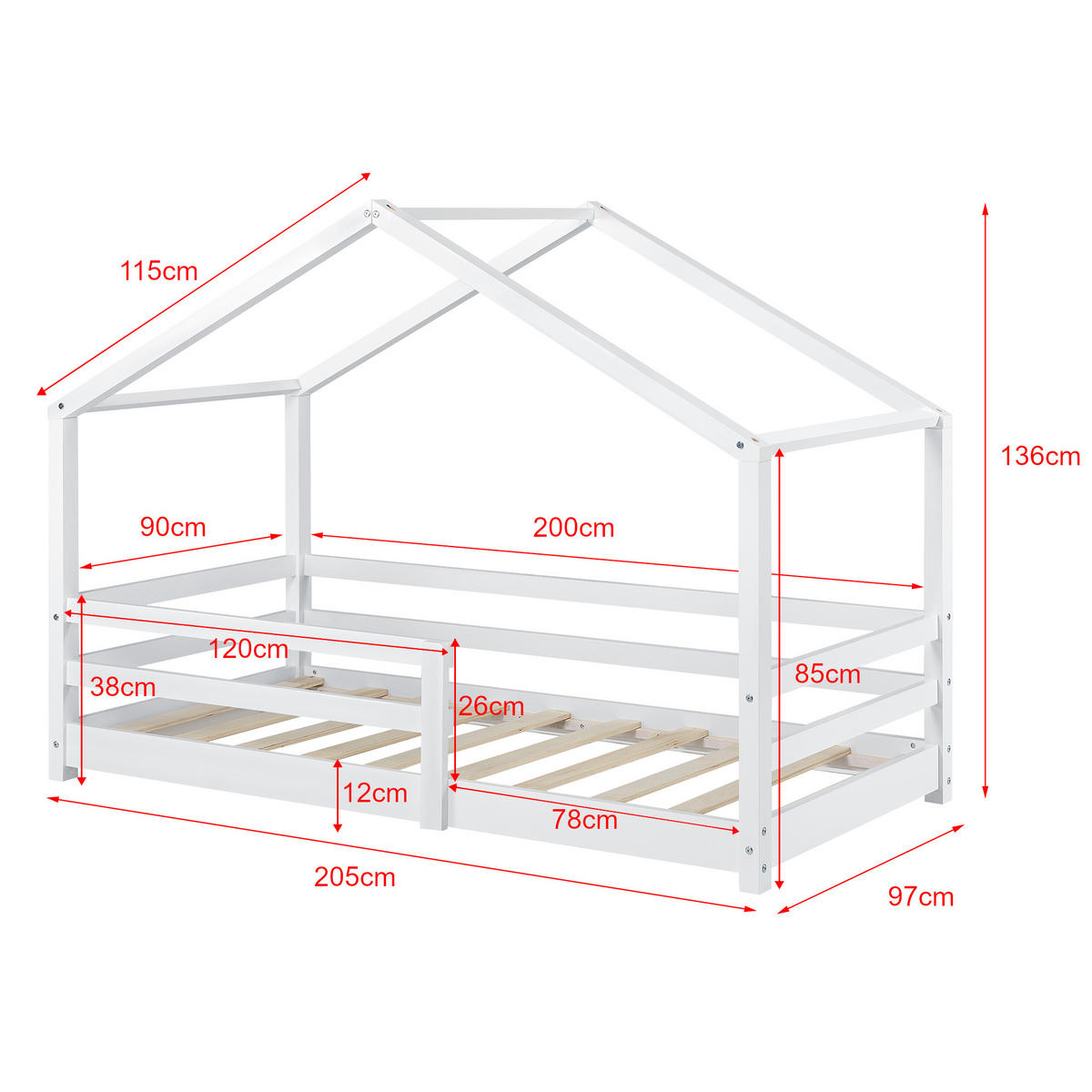 HAUSBETT Knätten - Weiß, Holz (90/200cm) - [en.casa]