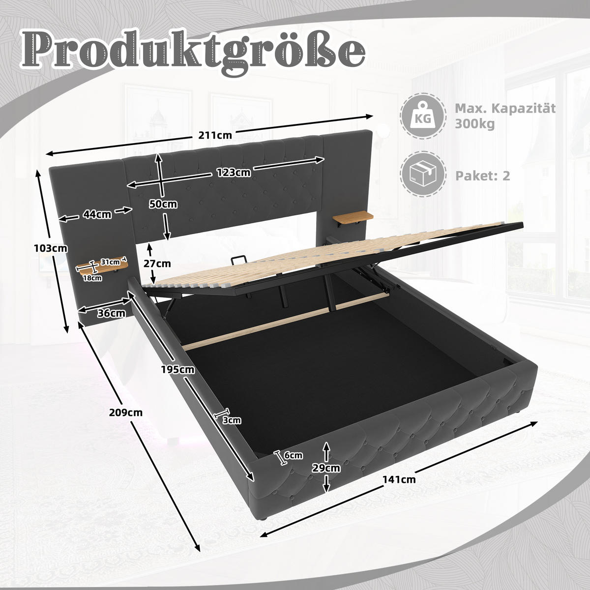 POLSTERBETT aus Samt 140x200 cm in Grau mit LED & USB & Stauraum - Grau, Textil (140/200cm) - Modfu