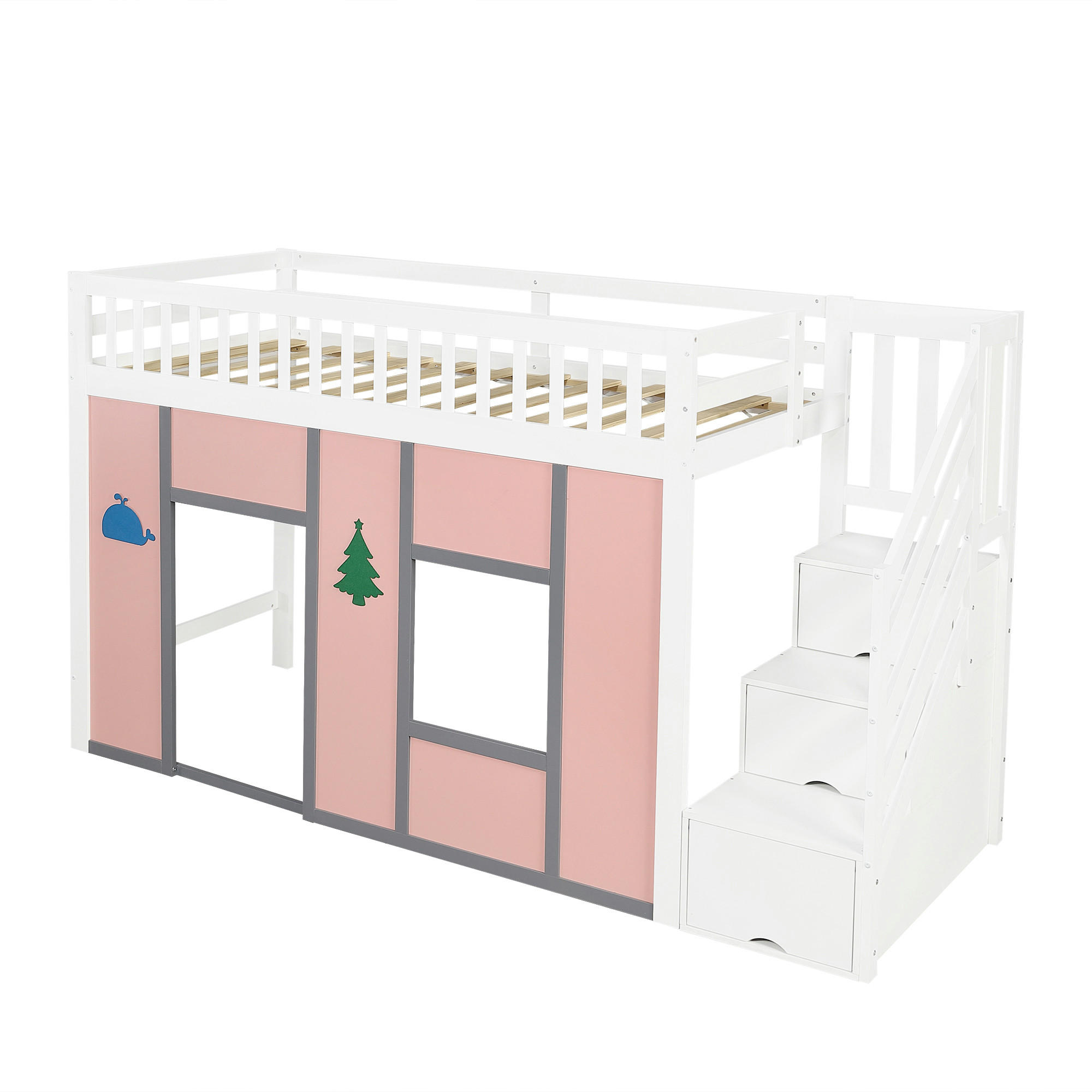 HOCHBETT 90/200 cm DE-32743 mit Stauraumtreppe und LED Weiß/Pink - Pink, Holzwerkstoff (90/200cm) - ComfortXL