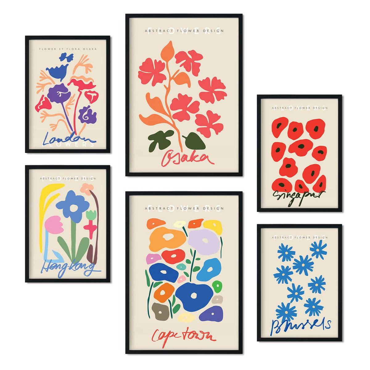 POSTER Set Mit 6 Blumen Sammlung A3 & A4 Schwarzer Rahmen - Schwarz, Papier (29/3cm) - Nacnic