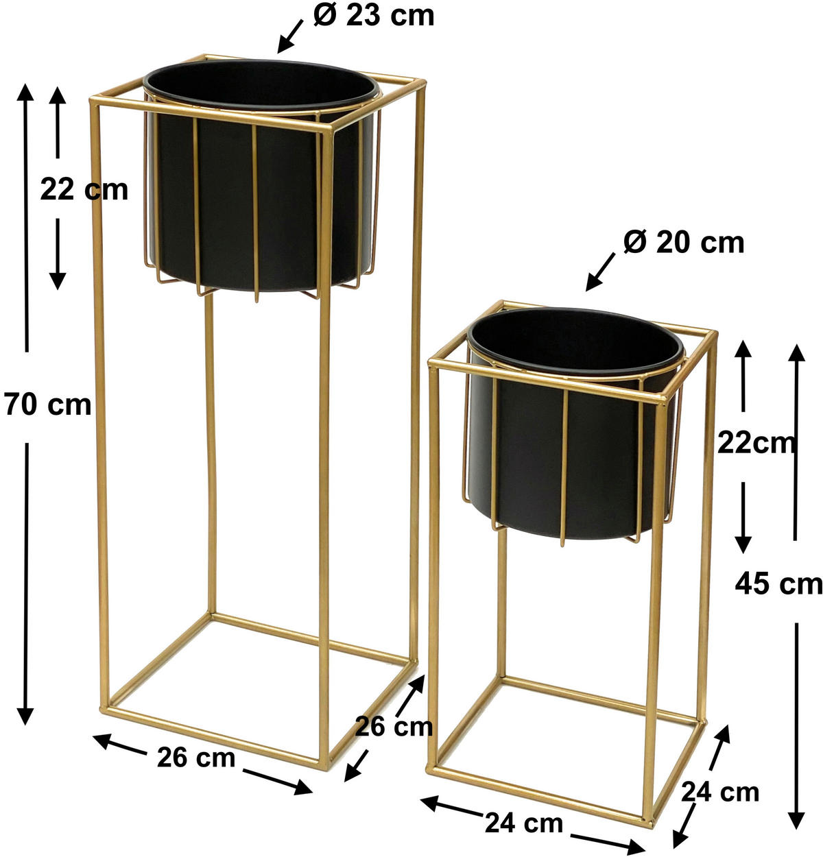BLUMENSTÄNDER mit Übertopf 2er-Set Gold/Schwarz 45-70 - Gelb, Metall (24/45/24cm) - DanDiBo