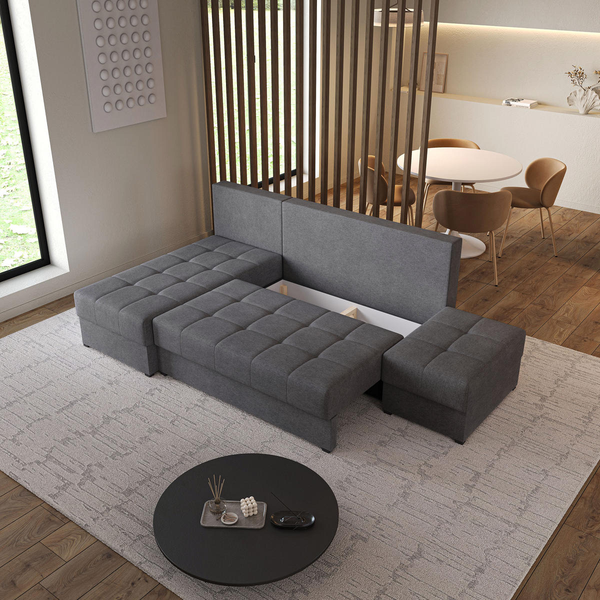 ECKSOFA NORVI Grau Geflochtener Stoff mit Schlaffunktion - Grau, Holz (251/143cm) - MASSENO