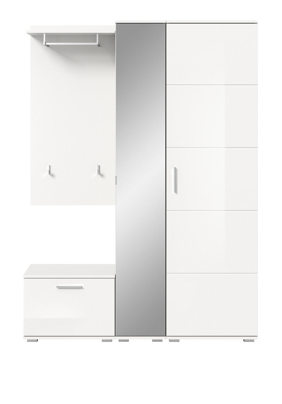 GARDEROBE Set 4-teilig weiß Hochglanz 140 cm, Kombination mit viel Stauraum - Weiß Hochglanz/Silberfarben, Glas/Holzwerkstoff (140/191/37cm) - Inn.Furn