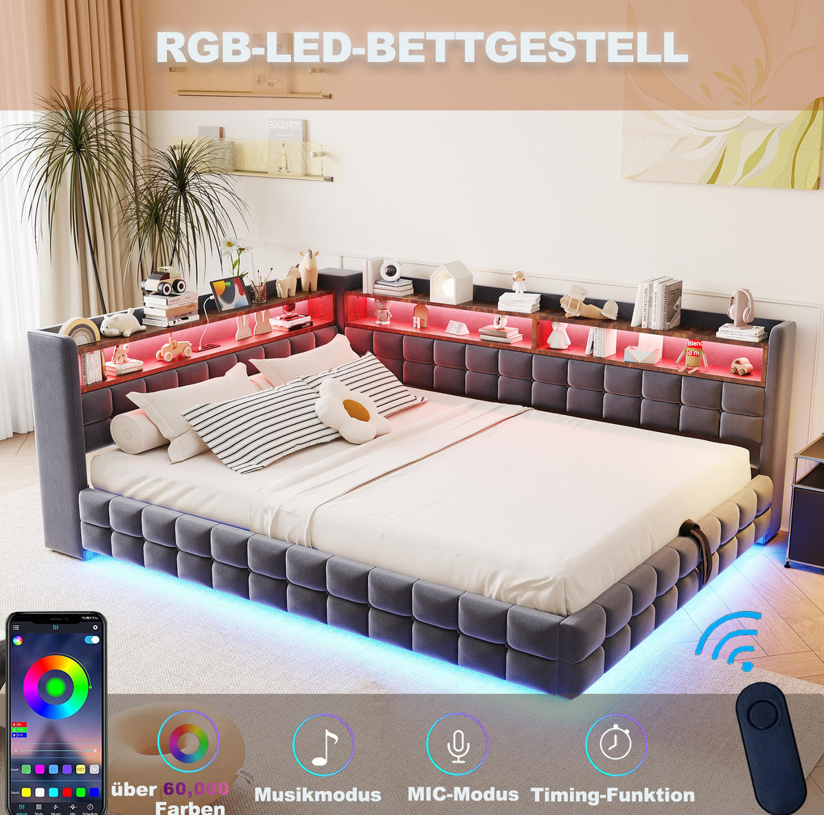 POLSTERBETT 140/200 cm mit LED-Beleuchtung, Steckdose, USB-, Typ-C-Anschluss und Bettkasten, Grau - Grau, Textil (140/200cm) - Redom